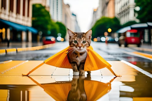 a cat walking on a wet street with an umbrella. AI-Generated photo
