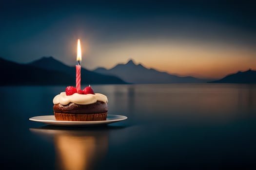 a cupcake with a lit candle on top of a plate. AI-Generated photo