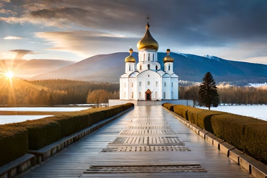 the sun sets over a church in the snow. AI-Generated photo