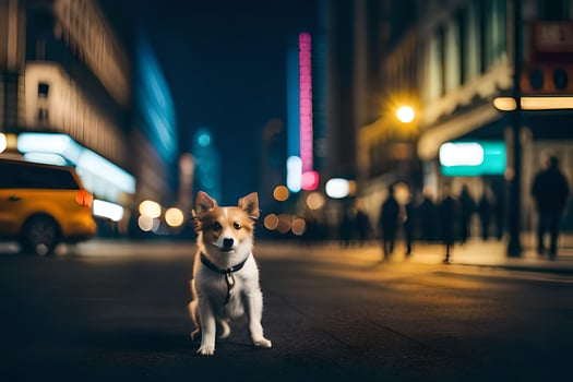 a dog standing in the middle of a city street at night. AI-Generated photo