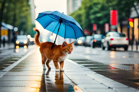 an orange cat walking on a wet street with an umbrella. AI-Generated photo