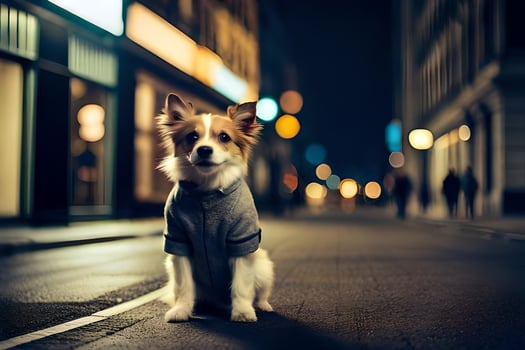 a dog in a shirt standing on the street at night. AI-Generated photo