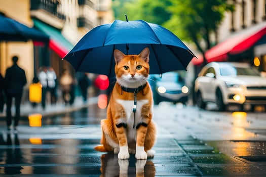 an orange and white cat is standing under an umbrella. AI-Generated photo