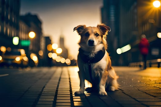 a dog sitting on the street at night. AI-Generated photo