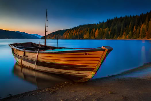 photo wallpaper the sky, lake, boat, sunset, forest, lake, boat, boat,. AI-Generated