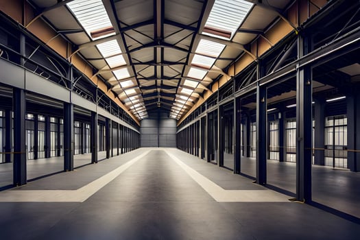 an empty warehouse with a long hallway. AI-Generated photo