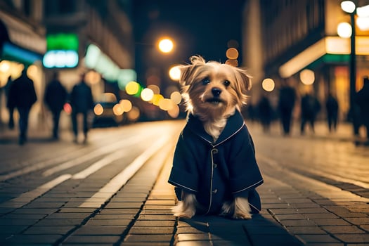 a dog in a coat standing on a street at night. AI-Generated photo