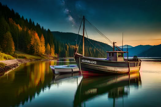 a boat sits on the water at sunset. AI-Generated photo