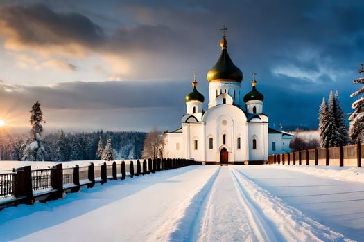 a church in the snow with a road leading to it. AI-Generated photo