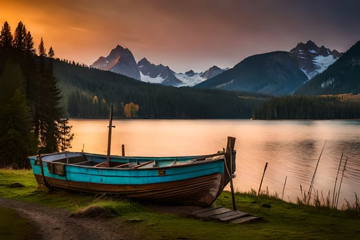 a boat sits on the shore of a lake at sunset. AI-Generated photo