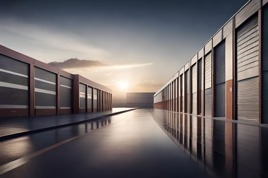a long row of storage units with the sun setting behind them. AI-Generated photo