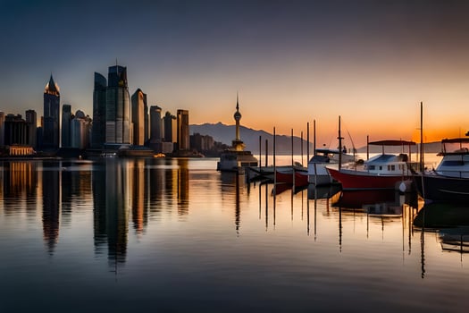 boats are docked in the water at sunset. AI-Generated photo