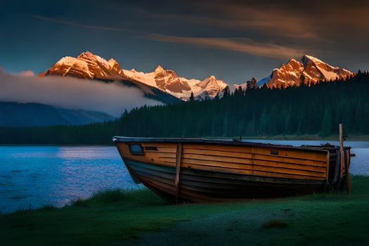 a boat sits on the shore of a lake with mountains in the background. AI-Generated photo