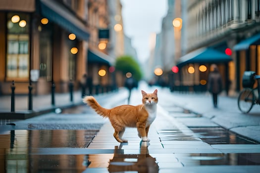 an orange cat walking on a wet street. AI-Generated photo
