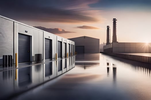 a warehouse with a large building in the background. AI-Generated photo