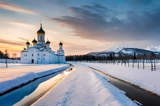 a church in the snow with a river running through it. AI-Generated photo