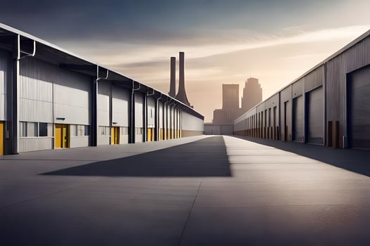 a long empty warehouse with yellow doors. AI-Generated photo
