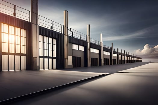 a large warehouse with a sun shining through the windows. AI-Generated photo