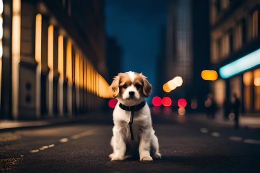 a dog sitting on the street at night. AI-Generated photo