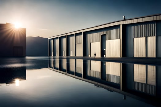 the sun is setting over a large warehouse. AI-Generated photo