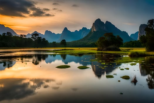 the mountains are reflected in the water at sunset. AI-Generated photo