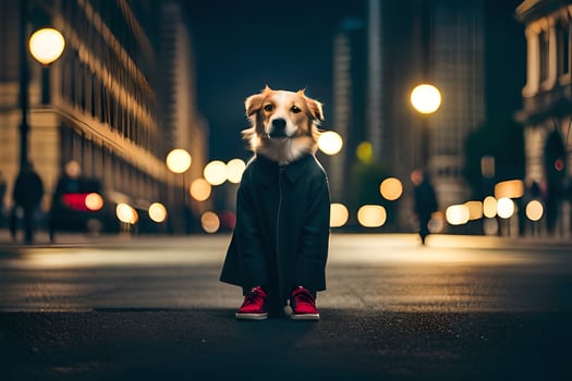 a dog in a coat standing on the street at night. AI-Generated photo