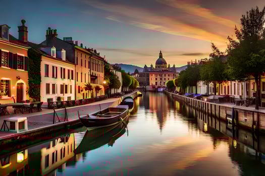 a canal in the middle of a city at sunset. AI-Generated photo