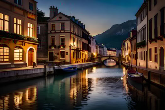 a canal in a city at night with boats and buildings. AI-Generated photo