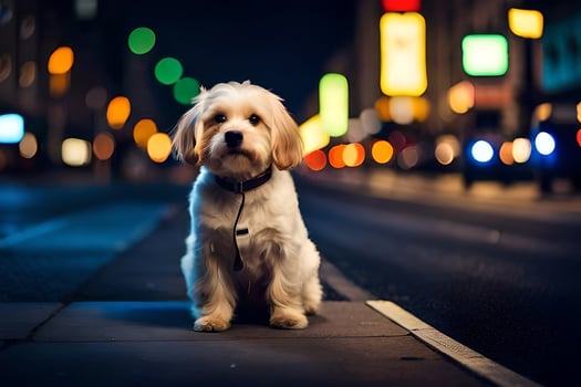 a dog sitting on the street at night. AI-Generated photo