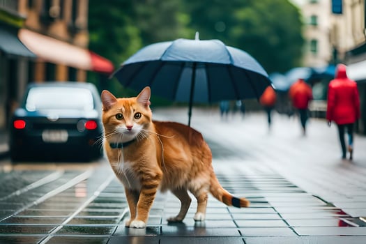 an orange cat is standing on a wet street with an umbrella. AI-Generated photo