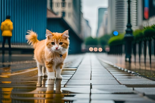 a cat walking on a wet street in the city. AI-Generated photo