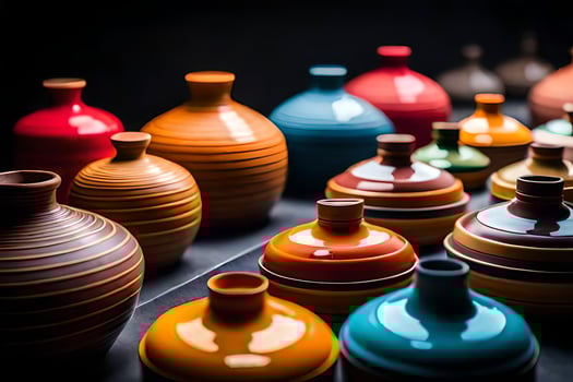 a row of colorful vases on a black surface. AI-Generated photo