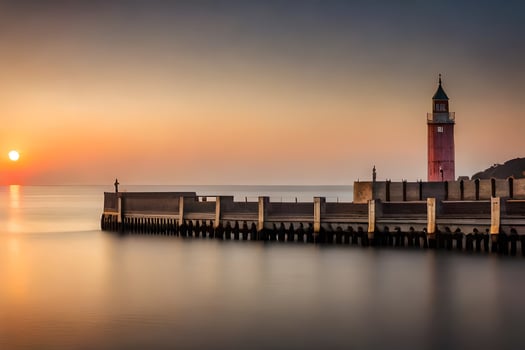 a lighthouse stands on the water at sunset. AI-Generated photo