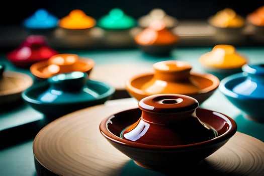 colorful bowls and pots sit on a table. AI-Generated photo