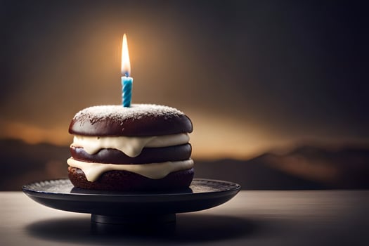 a chocolate cake with a lit candle on top. AI-Generated photo