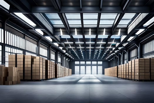 a warehouse with boxes and shelves. AI-Generated photo