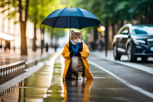 a cat in a raincoat and umbrella standing on a street. AI-Generated photo