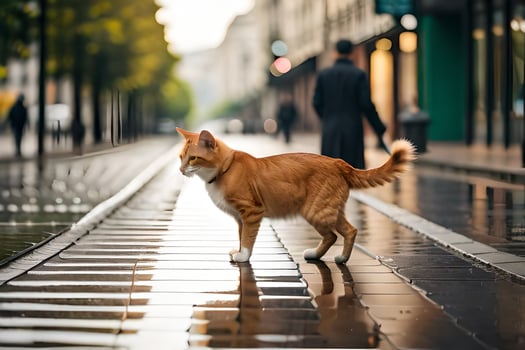 an orange cat walking on a wet street. AI-Generated photo