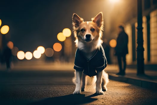 a dog wearing a jacket standing on the street at night. AI-Generated photo