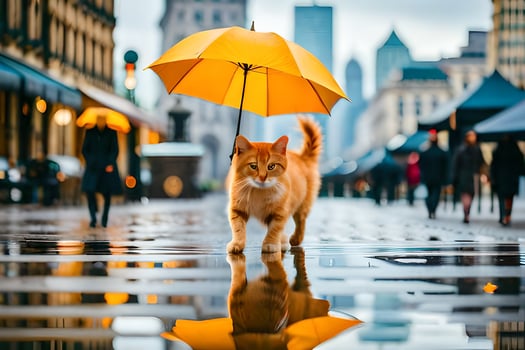 a cat walking on a wet street with an umbrella. AI-Generated photo