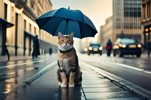 a cat is standing on a street with an umbrella. AI-Generated photo