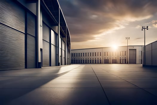 a large warehouse with a sun setting behind it. AI-Generated photo
