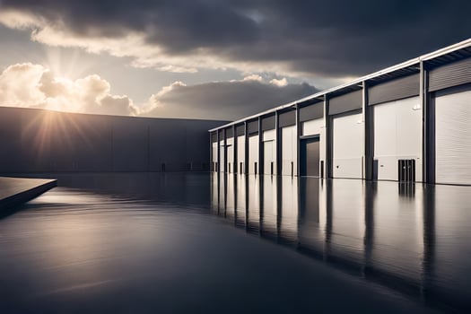 a large warehouse with water in the middle. AI-Generated photo