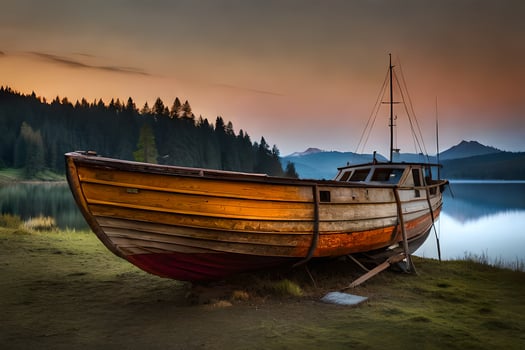 a boat sits on the shore of a lake at sunset. AI-Generated photo