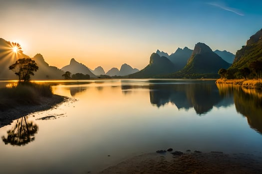 the sun rises over mountains and water in china. AI-Generated photo