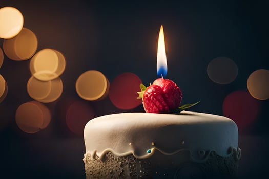 a single candle is lit on a white cake. AI-Generated photo