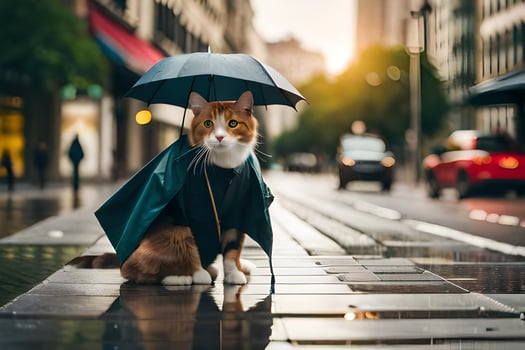 a cat in a raincoat standing on a street. AI-Generated photo
