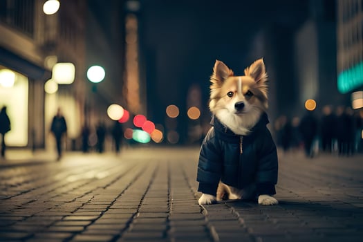 a dog wearing a jacket on a street at night. AI-Generated photo