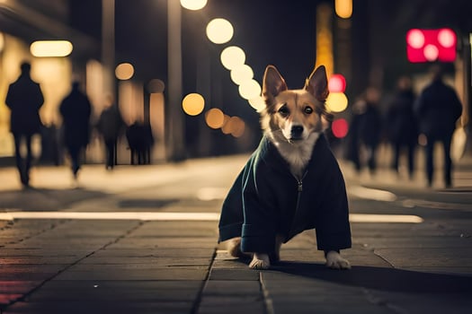 a dog in a coat standing on a street at night. AI-Generated photo