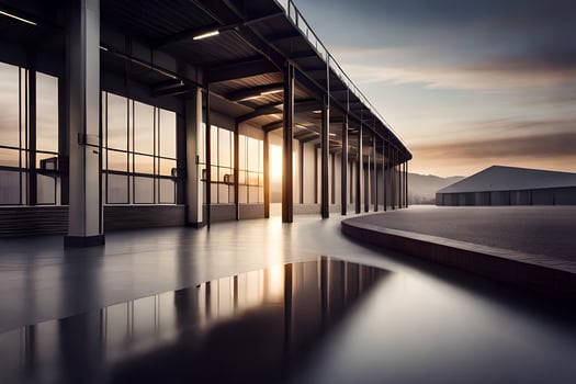 the sun is setting in the distance in an empty building. AI-Generated photo